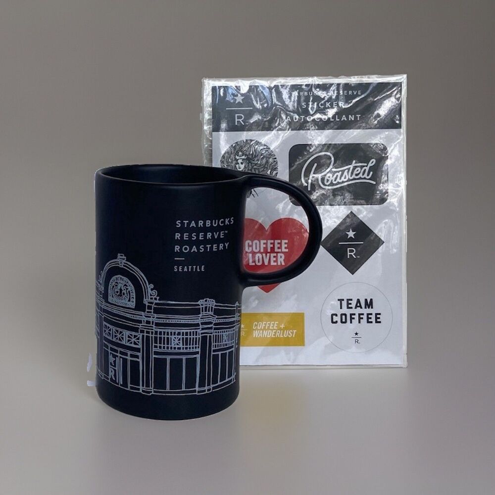 Starbucks Reserve Roastery Seattle Mug 10 Oz Matte Black, Souvenir Sticker Sheet